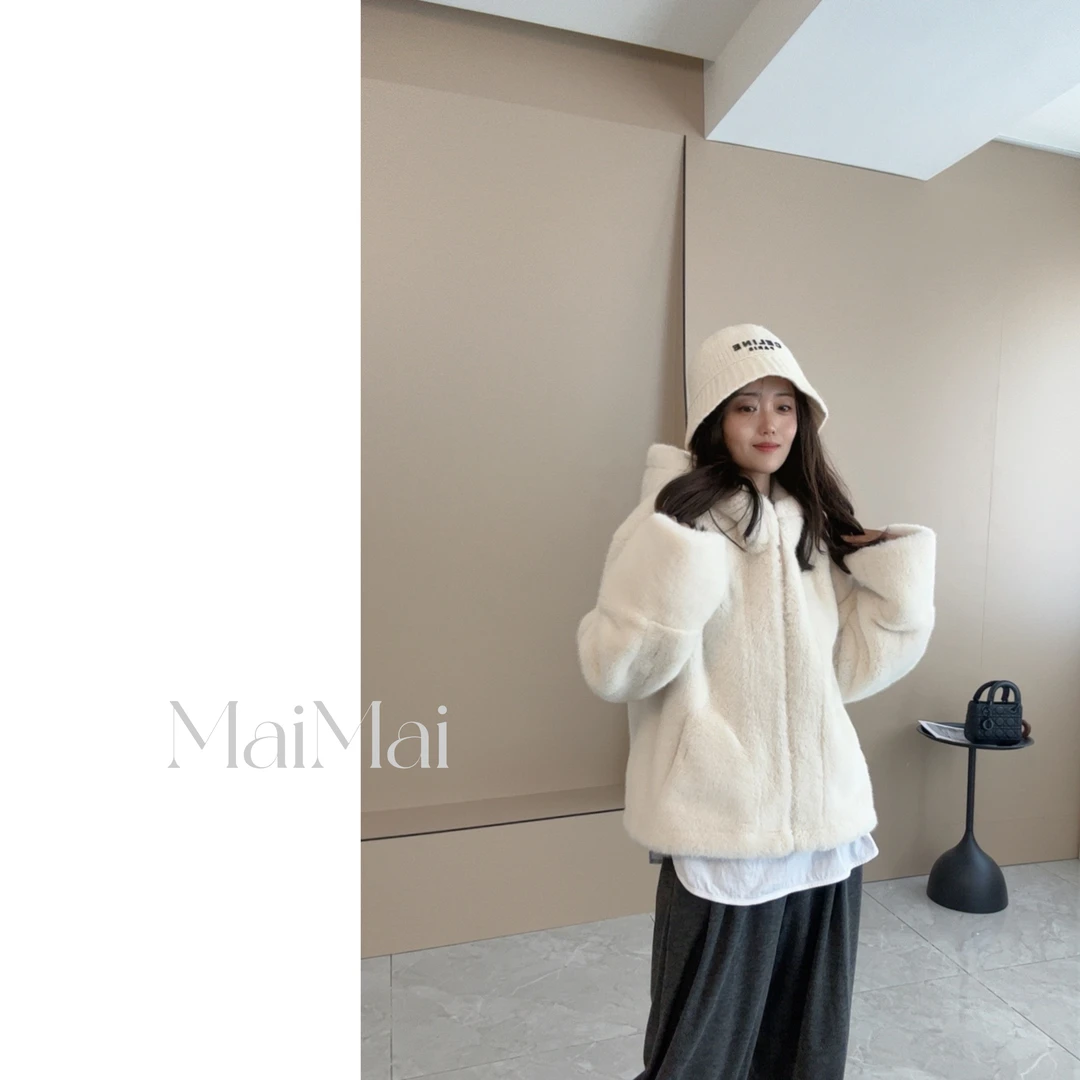 【MaiMai】2024冬季设计师款连帽毛毛外套