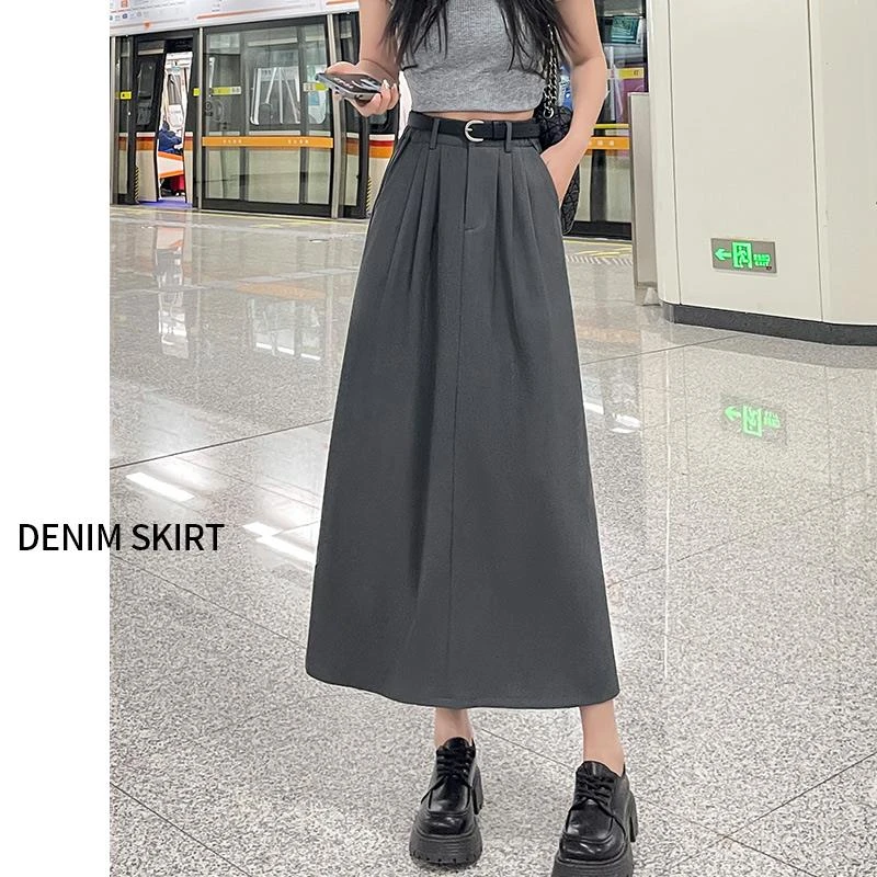 灰色高腰A字冰丝西装裙女2024夏季薄款遮胯显瘦防晒百搭半身裙子