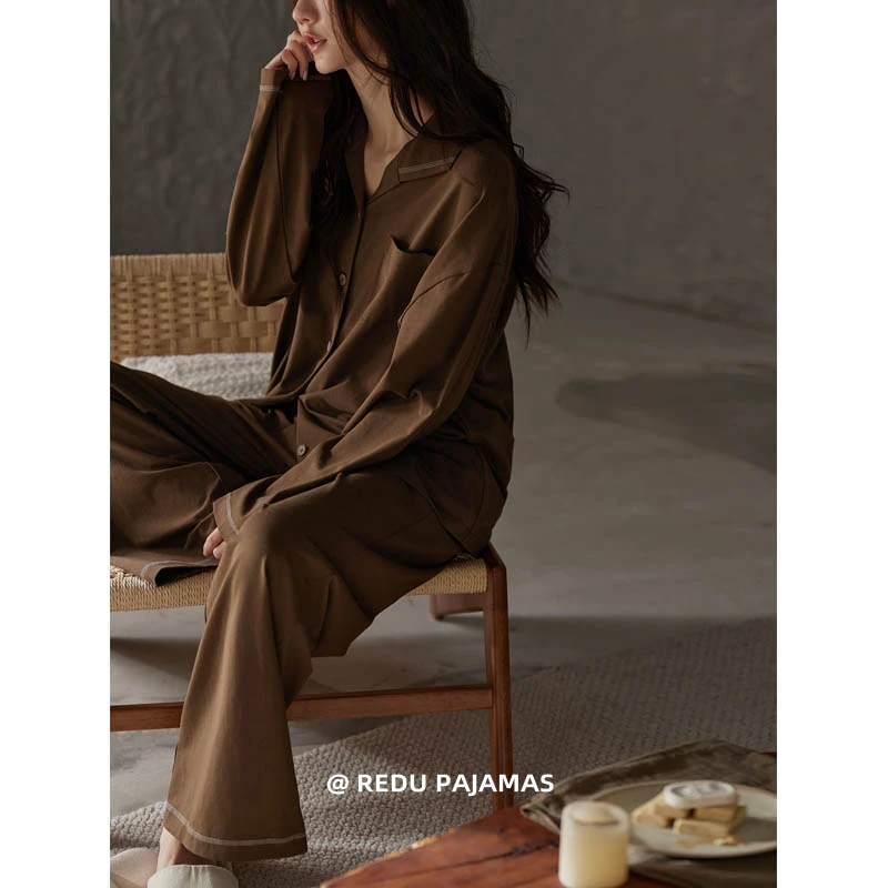 【柔软棉】热妒睡衣女美拉德春季带胸垫春秋长袖套装宽松家居服套装