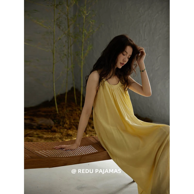 热妒黄色睡裙女薄款夏季款吊带长裙软绵绵带胸垫一体睡衣高级感