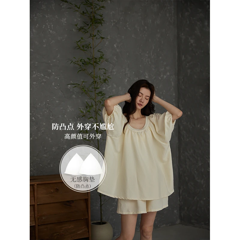 热妒睡衣女夏季带胸垫短袖薄款软绵绵宽松大码家居服高颜值套装