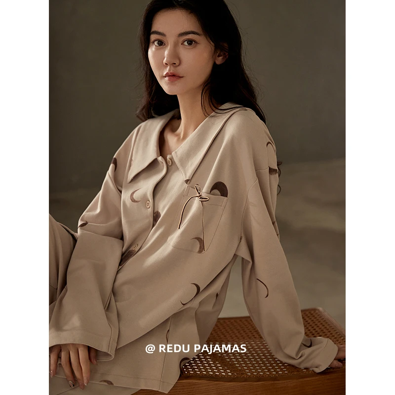 热妒睡衣女春秋季纯棉长袖开衫宽松简约月亮全棉可外出家居服套装