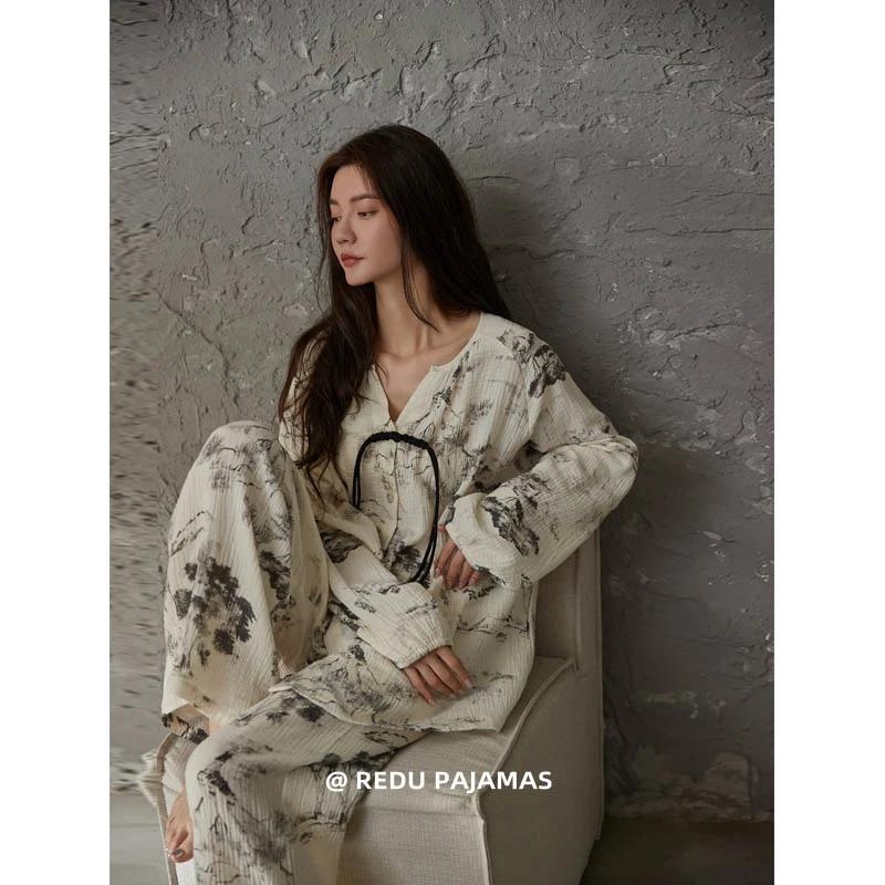 【设计师款】热妒新中式睡衣女春秋长袖纯棉国风带胸垫家居服套装