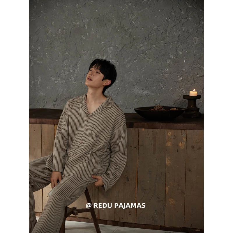 热妒睡衣男春秋季纯棉纱布柔软条纹长袖宽松可外穿家居服套装