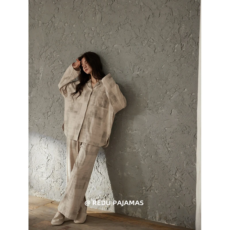 【超柔软】热妒格子睡衣女春秋季宽松带胸垫长袖可外穿家居服套装