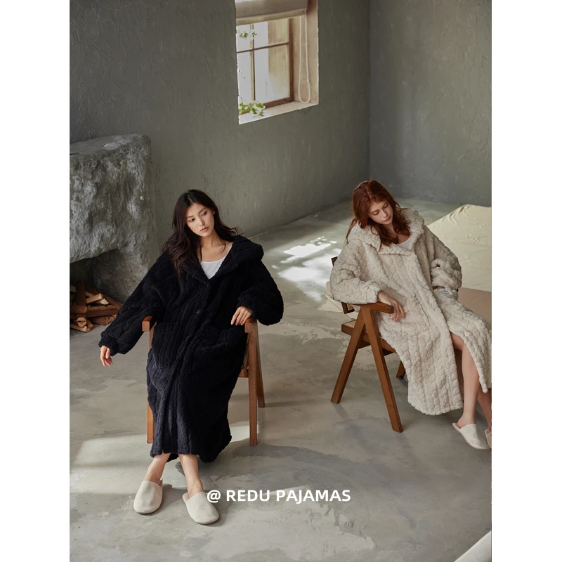 热妒睡袍女秋冬款珊瑚绒加厚长款连帽浴袍带裤子家居服套装加外穿