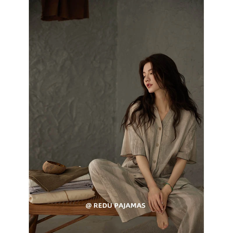 热妒睡衣女夏季薄款纯棉纱布婴儿棉带胸垫短袖长裤家居服套装外穿