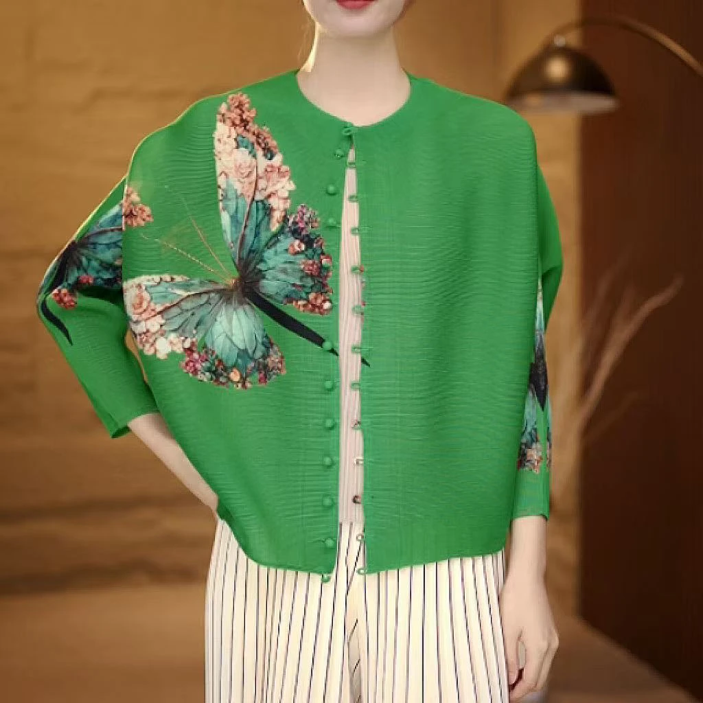 褶皱蝴蝶2025圆领国风长袖小衫优雅气质女士印花短妈妈装款外套