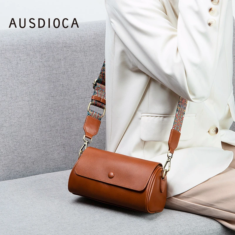 真皮包包女2025新款时尚斜挎圆筒包通勤腋下包头层牛皮女士单肩包