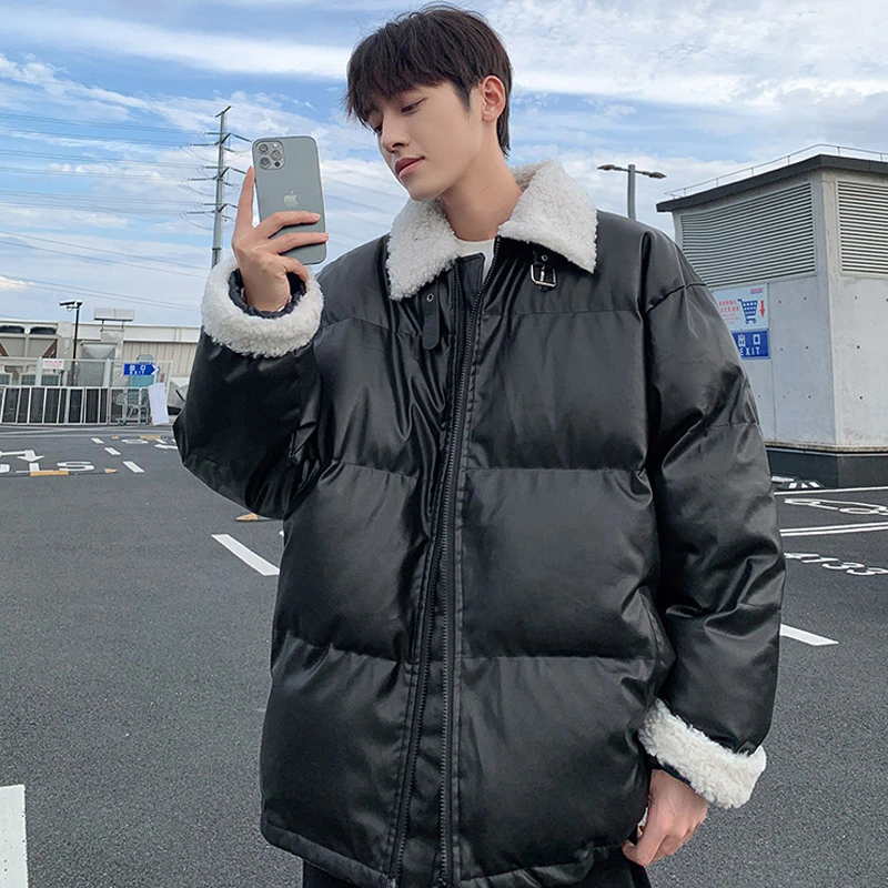 冬季新款美式复古机车PU皮棉衣男生潮流宽松纯色立领棉服加厚外套