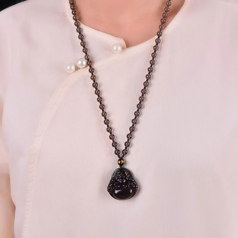 冰种大肚佛黑曜石玉坠寓意编织项链佛公弥勒佛古风锁骨链