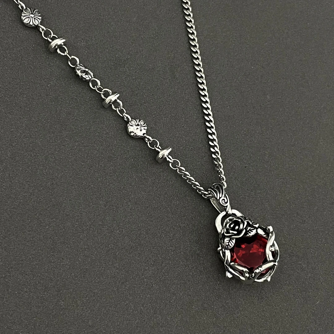 坠链均925银合成锆石 复古 轻奢 红玫瑰吊坠项链 KDP2282