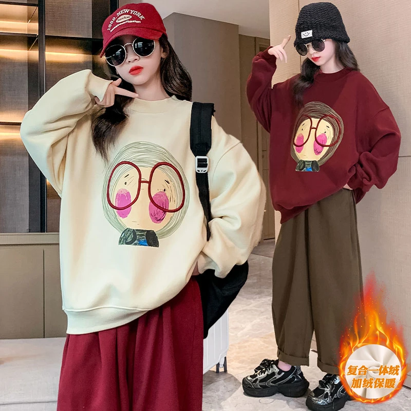 女童卫衣秋冬2023新款女孩加绒加厚冬季长袖一体绒中大童儿童上衣