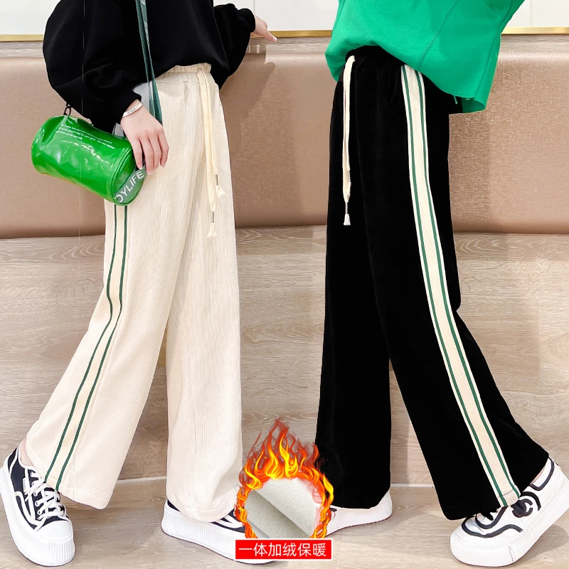 女童2023秋冬季新款休闲裤子侧面织带直筒裤儿童长裤中大童阔腿裤