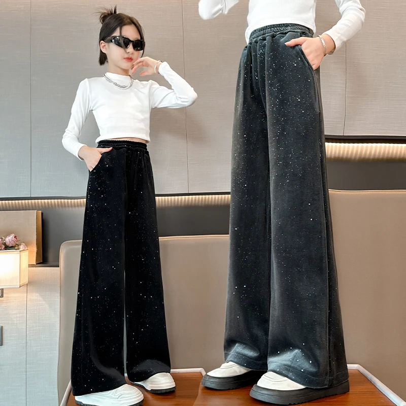女童裤子春秋款2024新款秋装大童时尚洋气金丝绒阔腿裤儿童休闲裤