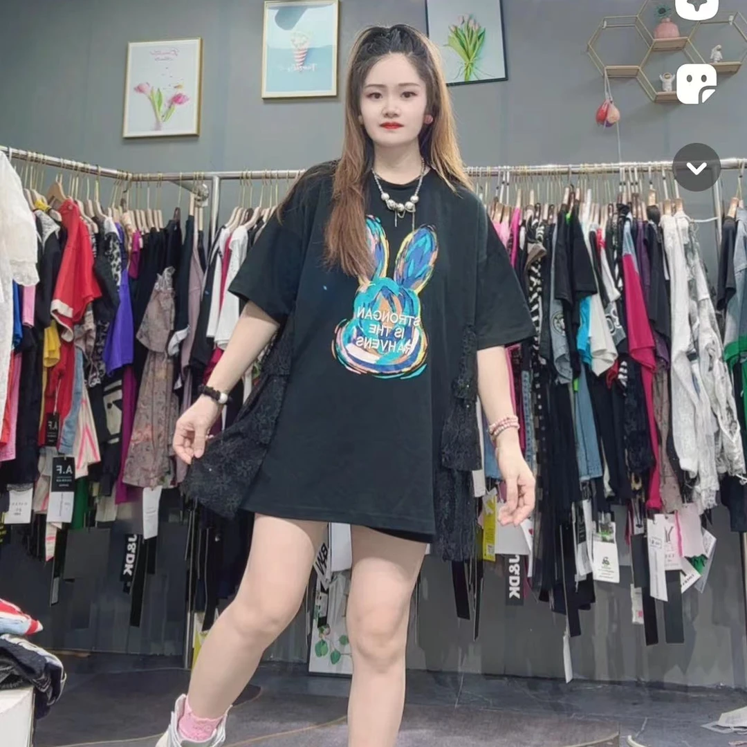 LY家2233#夏季兔子印花蕾丝拼接宽松T恤