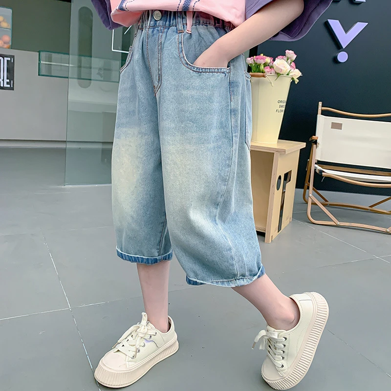 女童裤子夏装2024新款洋气儿童夏季薄款牛仔中裤小女孩宽松七分裤