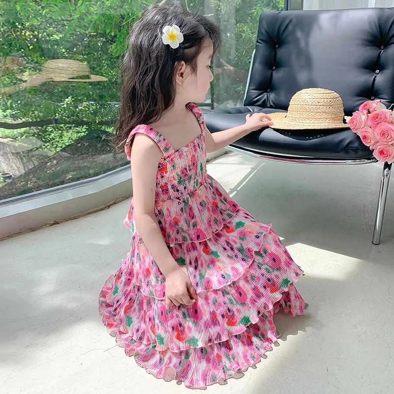女童夏装连衣裙2024新款夏季小女孩无袖吊带碎花公主裙时尚洋气儿