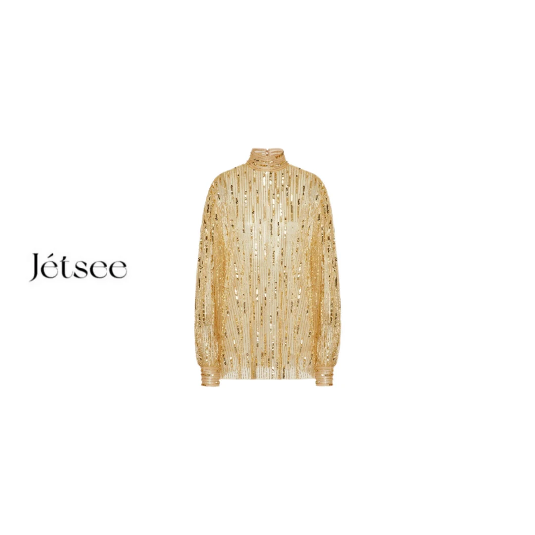 乙见女神的战衣手工亮片钉珠鎏金网纱衫C10894