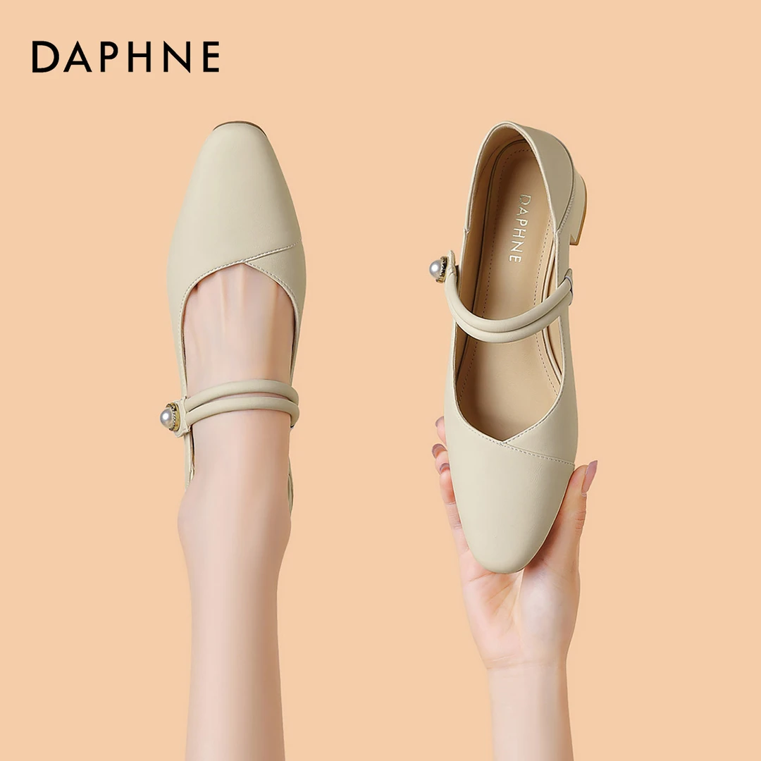 达芙妮玛丽珍鞋女配裙子中跟2024夏季新款尖头软皮妈妈鞋法式单鞋