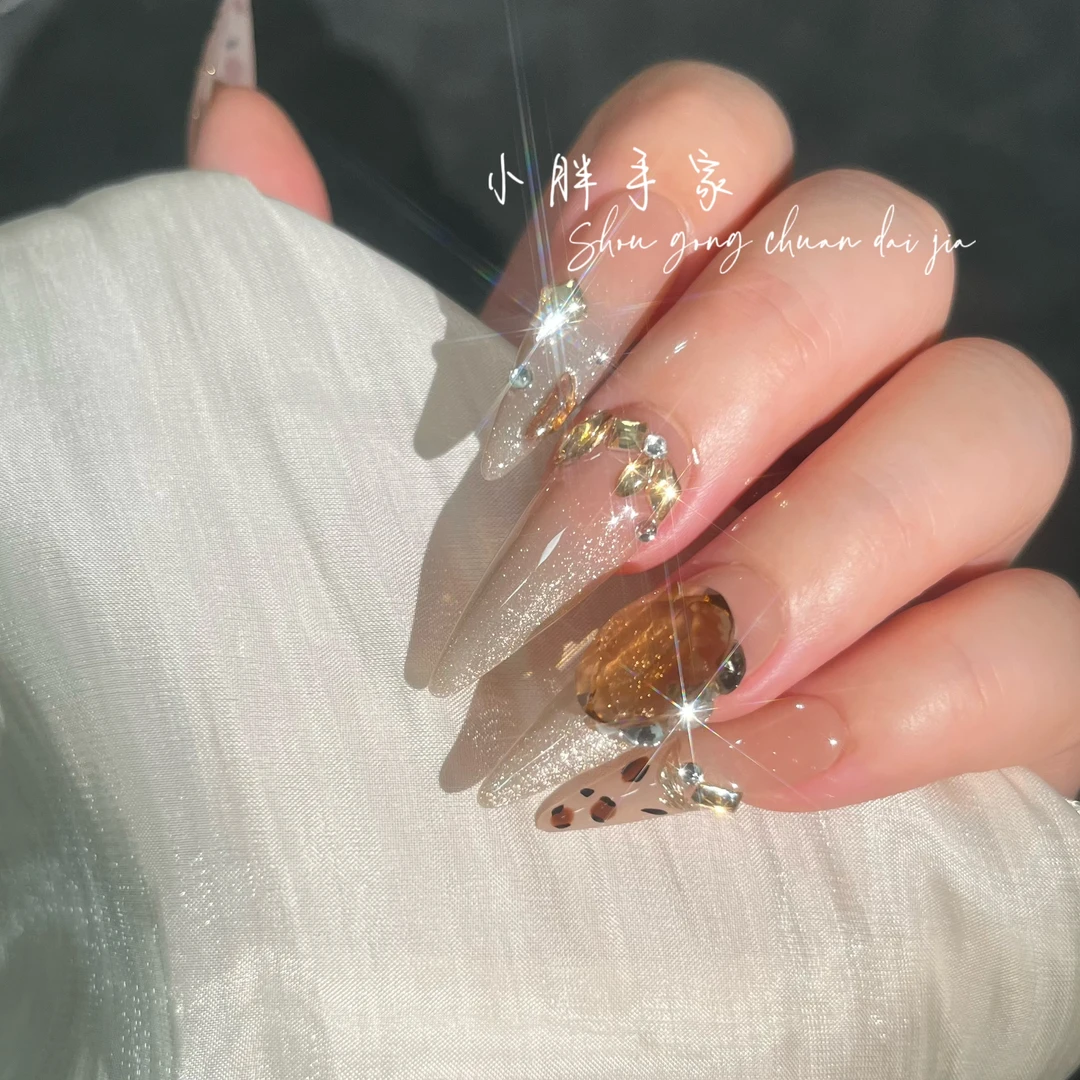 【涩谷辣妹小野猫】纯手工穿戴甲24年新款鸽子蛋爆闪法式猫眼 豹纹