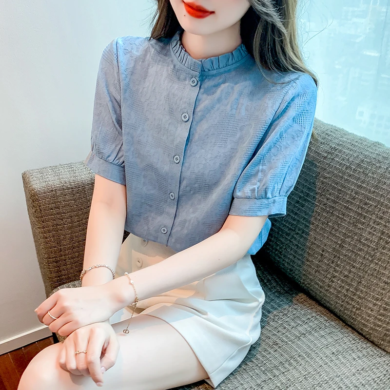 2025夏季新款立领短袖设计感衬衫女纯色木耳拼接复古百搭气质上衣