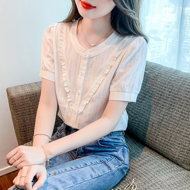 2024夏季新款短袖棉布衬衫女装纯色小众衬衣设计感荷叶边百搭上衣