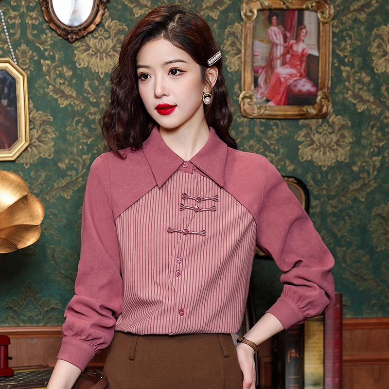 复古假两件盘扣长袖衬衫女春装2024新款上衣小众衬衣高贵时髦上衣