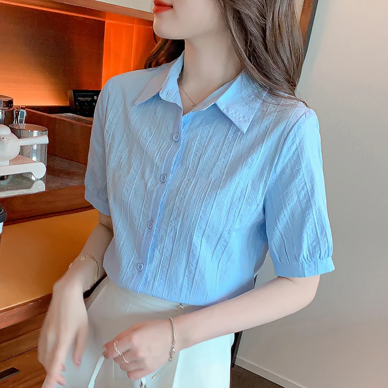 蓝色棉布衬衫女2025夏季新款短袖气质百搭工作服上衣洋气打底小衫