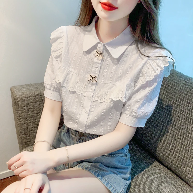 棉布白色衬衫女士夏季新款2024泡泡袖蕾丝花边娃娃领衬衣短袖上衣