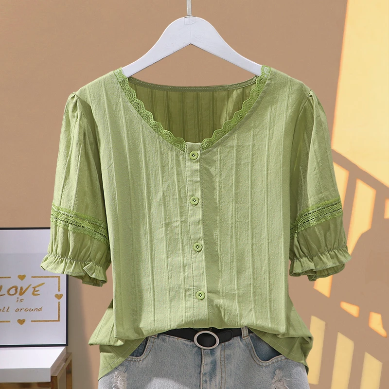 洋气百搭V领气质小衫2025夏季新款百搭灯笼袖韩版宽松上衣女衬衫