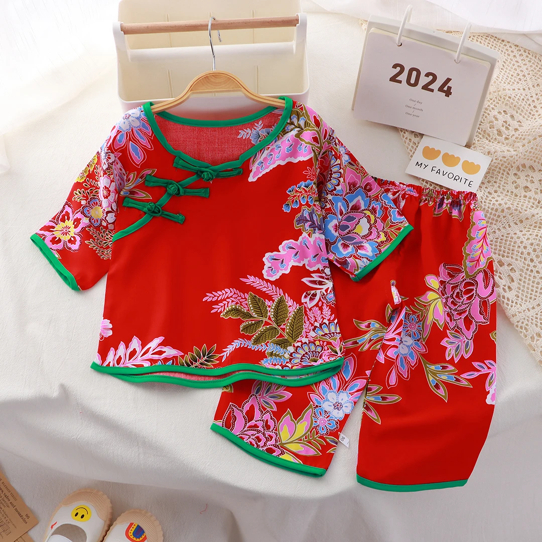 夏季薄款儿童东北大花棉绸斜襟七分套装宝宝民族风家居服睡衣汉服