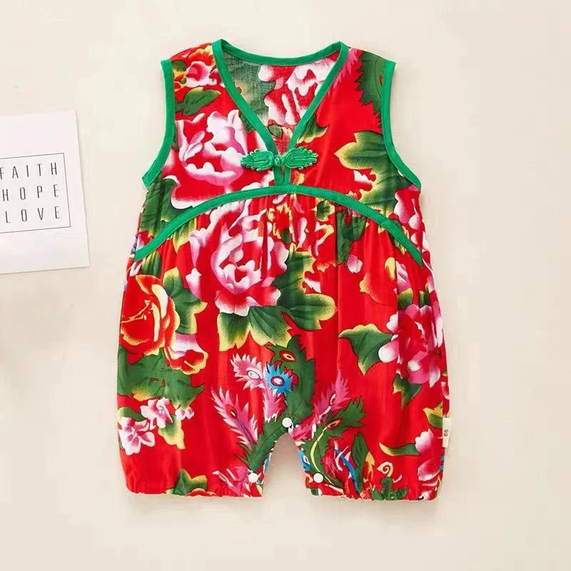 夏季新款婴幼儿男女宝宝无袖连体衣东北大花民族风包屁哈衣演出服