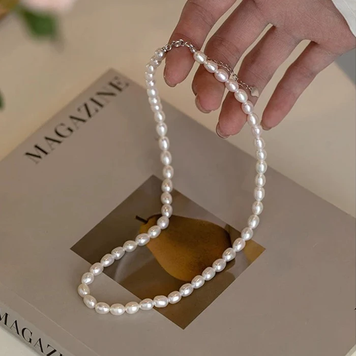 高品质强光天然小米珍珠项链卡6mm 42+4cm简约气质银扣锁骨链7068