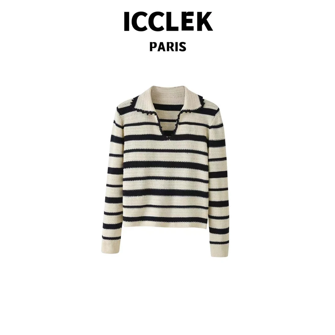 ICCLEK U领套头条纹针织衫 长袖 气质 轻奢 名媛 -3132