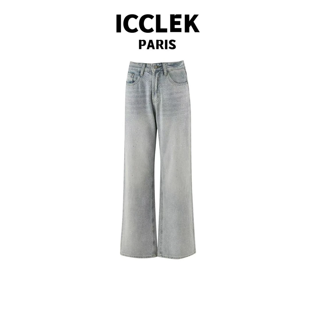 烫钻高腰直筒百搭牛仔裤  气质  百搭 -3311