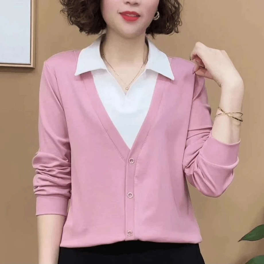 2024春秋洋气别致翻领衬衫假两件衬衣长袖T恤女春季新款妈妈上衣