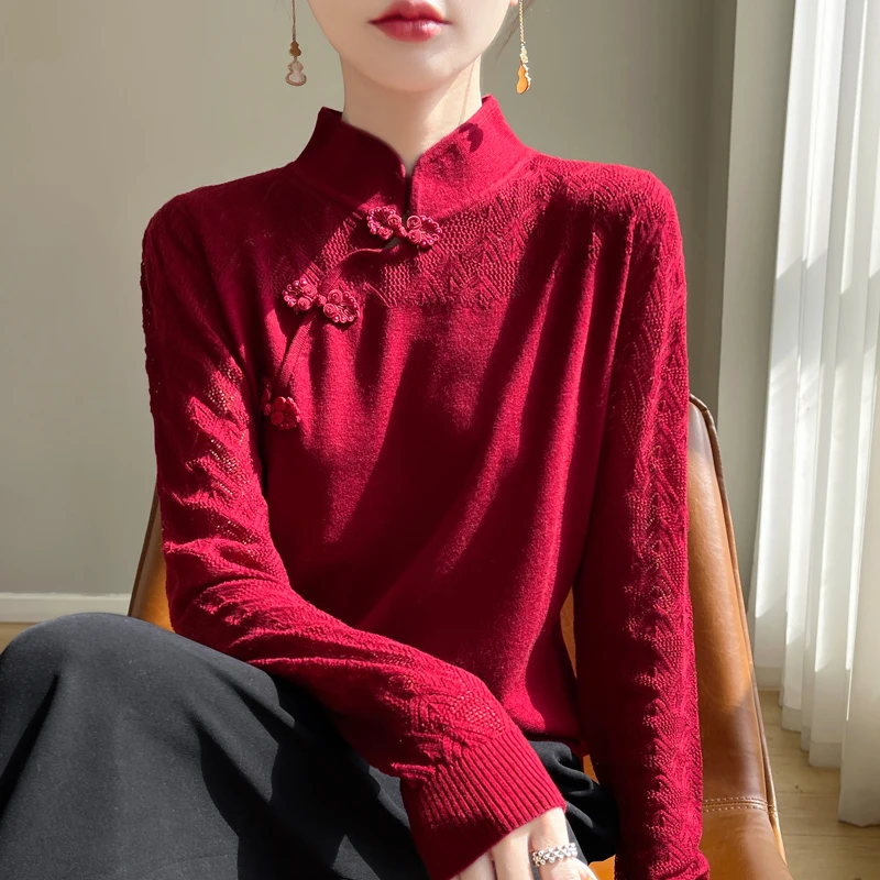 新中式盘扣100%纯羊毛衫女镂空气质针织衫设计感长袖立领打底衫女