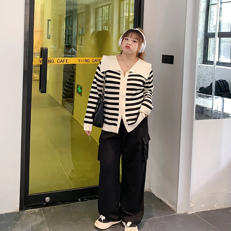 Milu家大码女装秋季学院海军领胖mm条纹针织长袖宽松显瘦上衣开衫