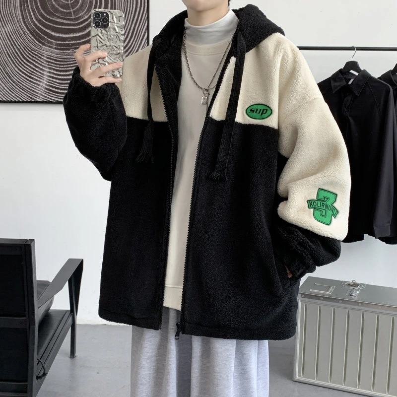 棉衣男加棉羊羔绒外套秋冬季青少年学生加厚连帽棉服帅气冬装棉袄