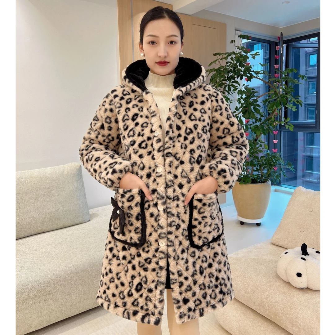 【清货】冬季新款女士爆款棉服仿兔毛豹纹加绒加厚气质中长款连帽