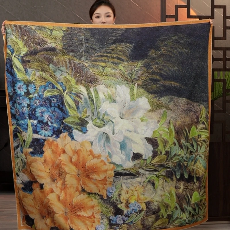 L065【油画花园】140*140冠乐绉双面双色丝巾围巾披肩
