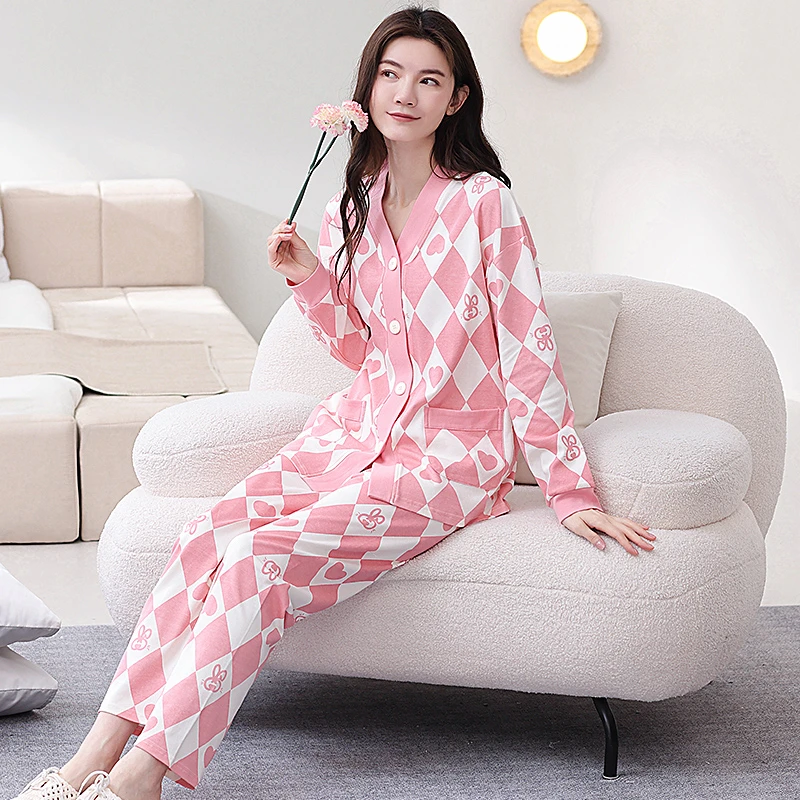 2025睡衣新款秋季爆款V领长袖高档甜美宽松纯棉出门款睡衣女套装