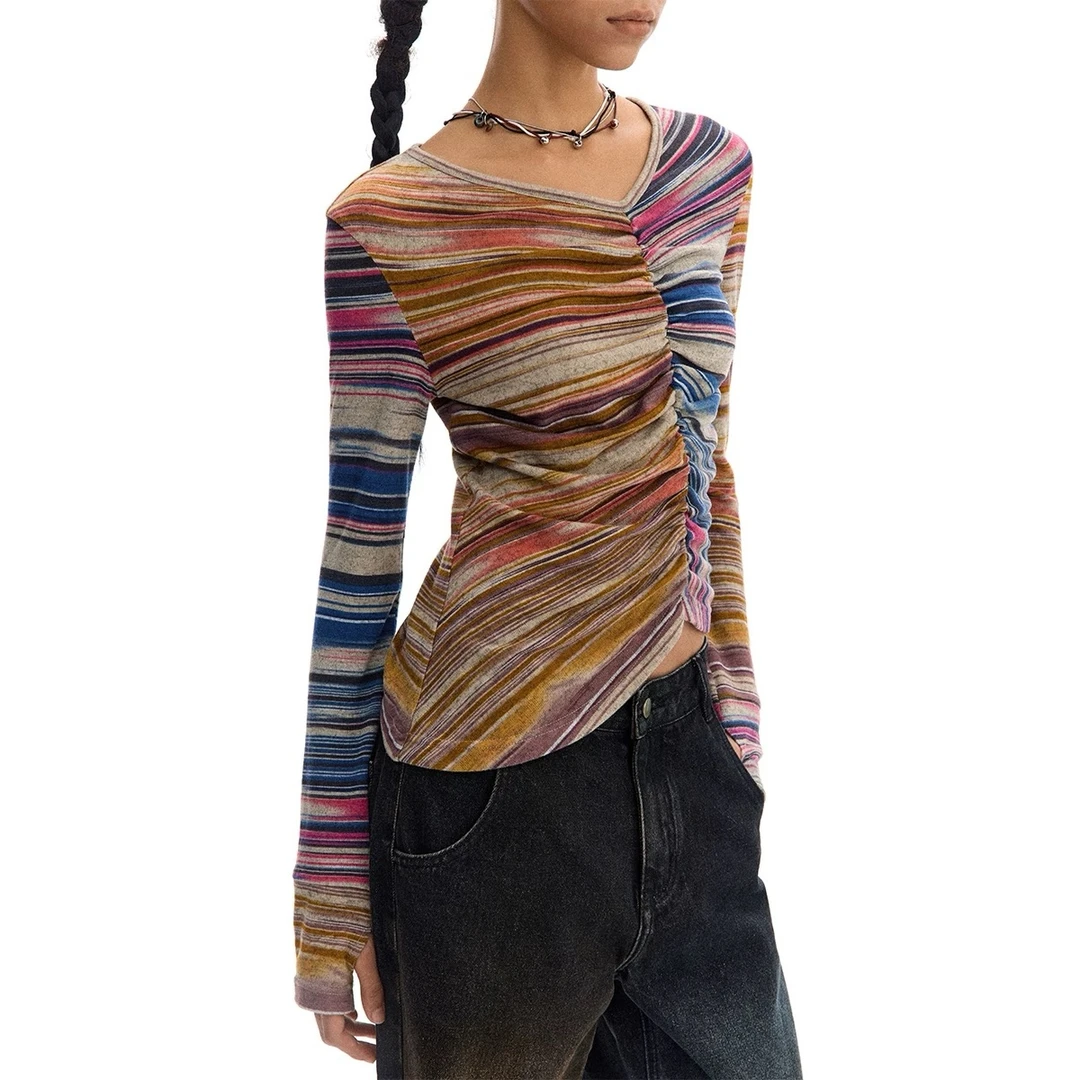 CONP 24AW 穿梭彩色条纹拼接不对称抽褶修身上衣