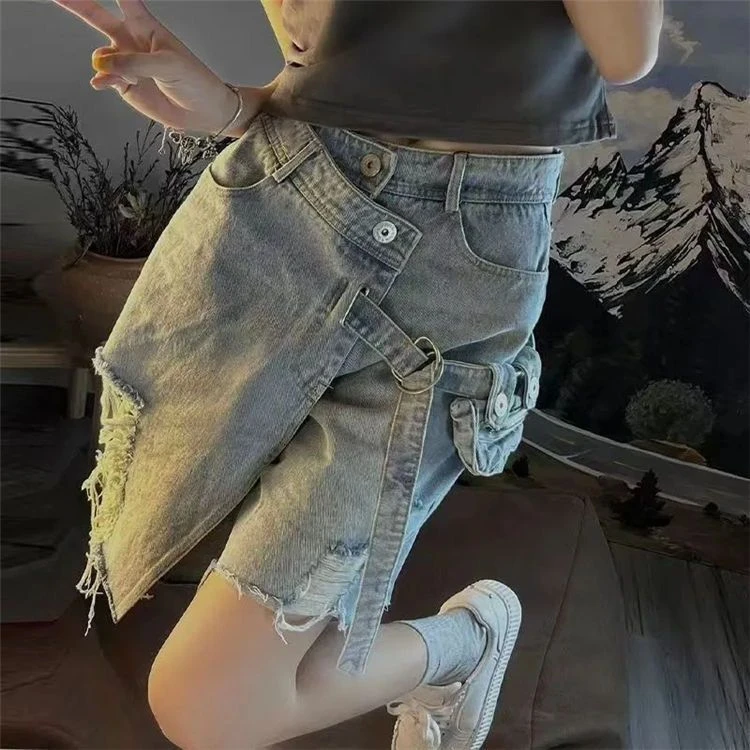 美式高街辣妹不规则设计感破洞牛仔短裤女夏季复古小众五分裤子潮