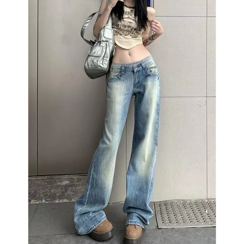 美式中腰直筒大码水洗做旧设计感牛仔裤女宽松微胖显瘦阔腿长裤子