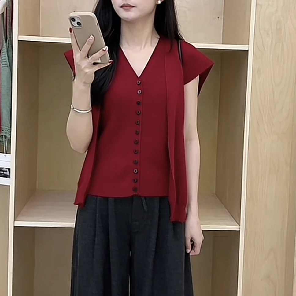 93023#极简纯色气质V领无袖针织背心披肩两件套上衣