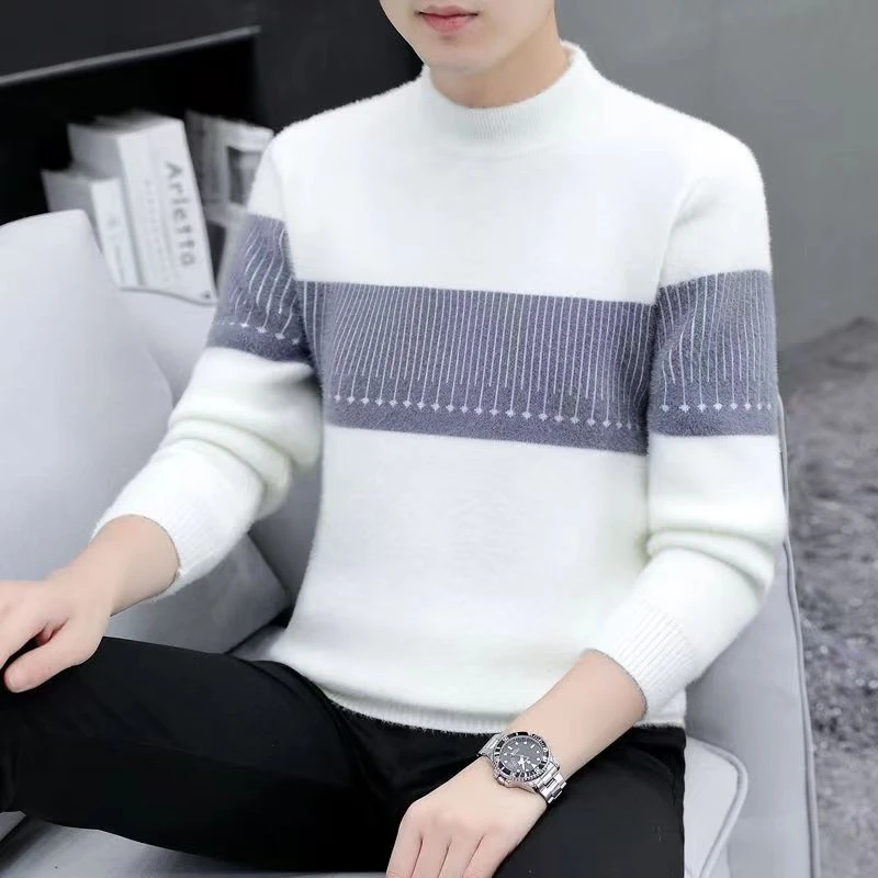 2023新款男士仿水貂绒冬季毛衣男青少年帅气洋气条纹半高领针织衫