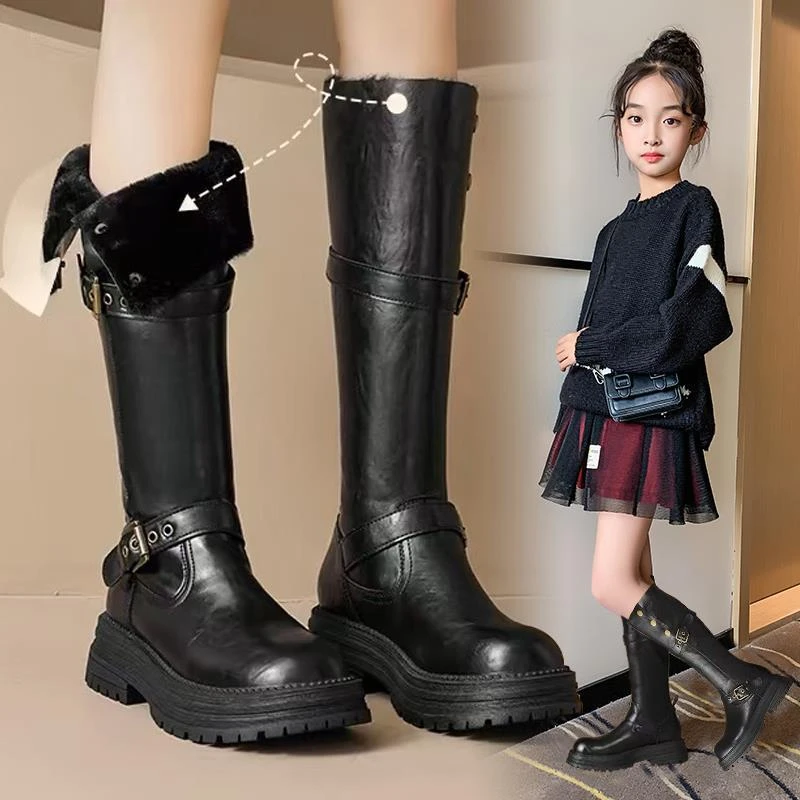 靴中大童公主马丁长靴靴子女童儿童新款2025秋冬季女孩长筒靴加绒