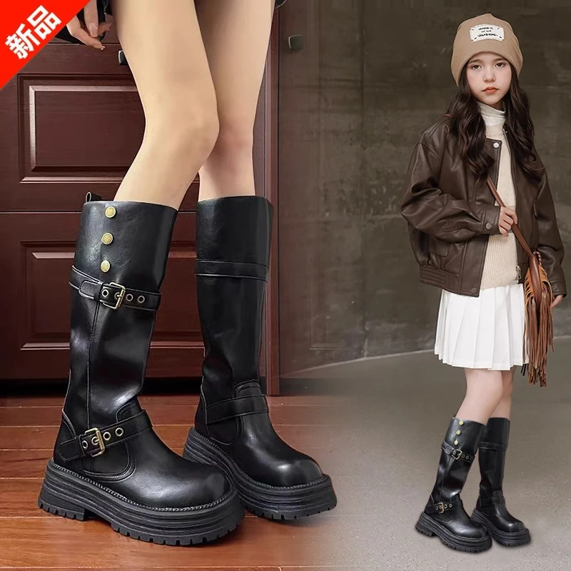 女童长靴2025新款秋冬季儿童韩版高筒加绒皮靴中大童公主马丁靴子